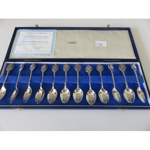 81 - Cased Set of 12 Silver Zodiac Spoons, John Pinches, London