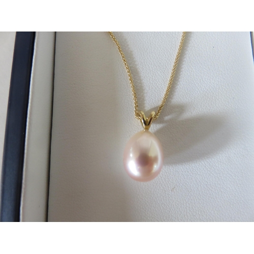 83 - Boxed Jamieson & Carry Pink Pearl Pendant on 18ct Gold Chain