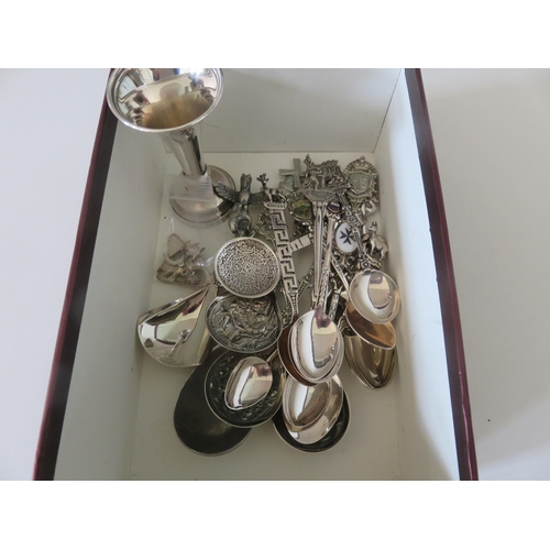 88 - Silver Bud Vase, Small Lot of Charms and various Crested Spoons