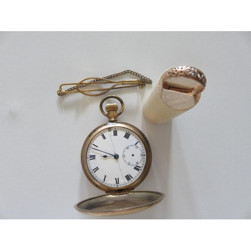 98 - Gilt Cased Pocket Watch, Tie Clip and 9ct. Gold and Pearl Ring