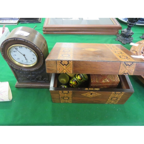 229 - Inlaid Walnut Box, Mantel Clock, Russian Doll Etc