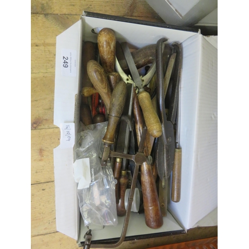 249 - Small Box of Tools Including Coping Saw and Tin Snips