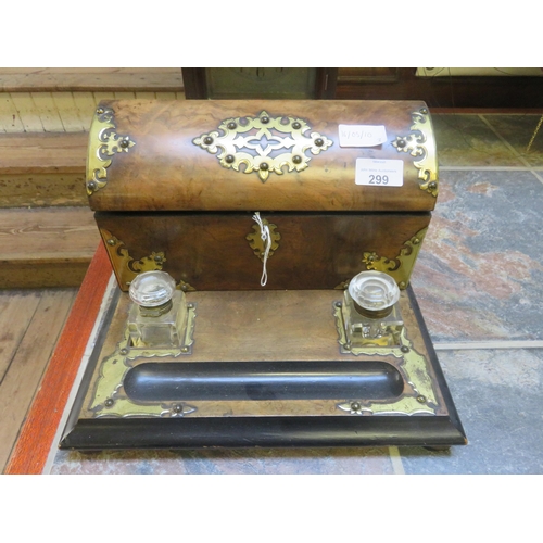 299 - Brass Inlaid  Desk Stand With Two Inkwells