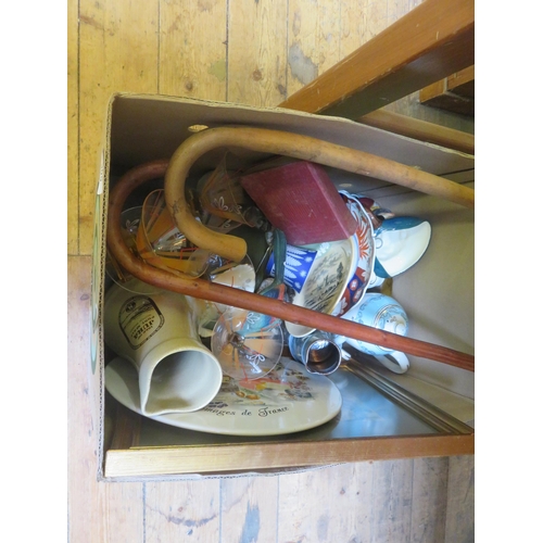 305 - Box With Mixed Bric-a-Brac, Books and Two Walking Sticks