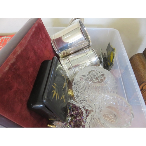 197 - Box of Plated Pewter Jugs, Some Cut Glass Vases etc