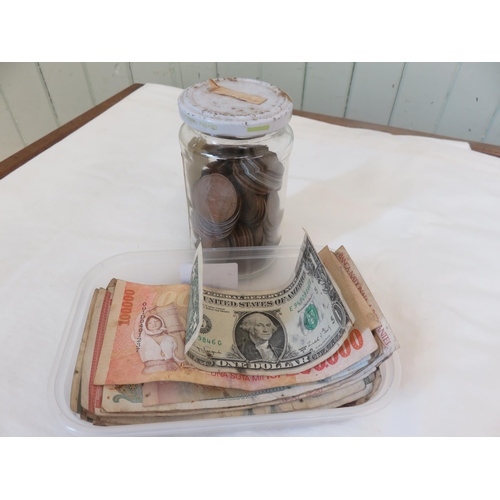 263 - Jar of Old Pennies and Tub with Various Old Banknotes