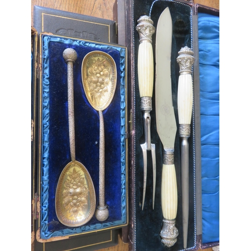 285 - Two Carving Sets, Victorian Fish Server and two Fruit Spoons