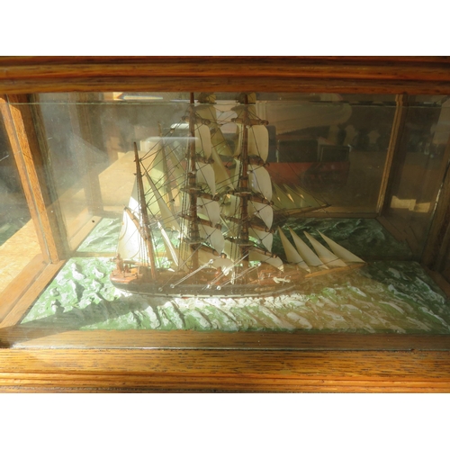 298 - Painted Model Ship Display In Oak Case