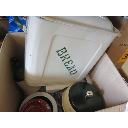 300 - Box of Pub Memorabilia and a Bread Bin