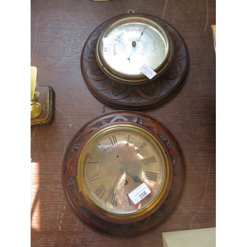 356 - Carved Oak Circle Wall Clock and Matching Barometer