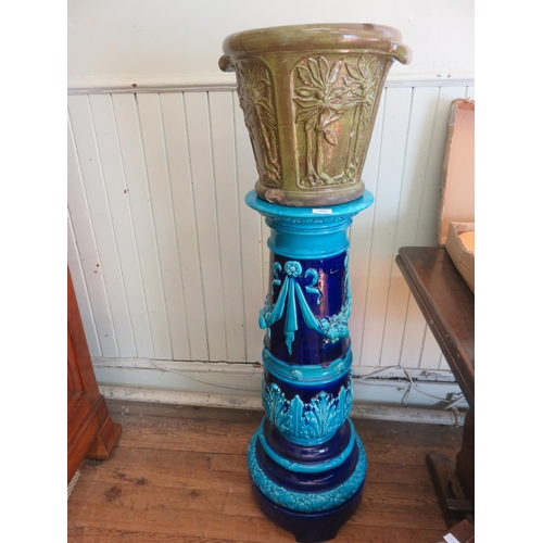 382 - Large Blue Majolica Type Jardiniere Stand and an Odd Planter