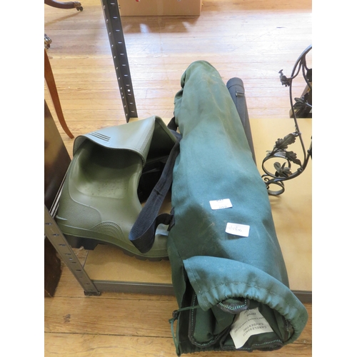 402 - Fishing Waders, Rod in Case and Chair