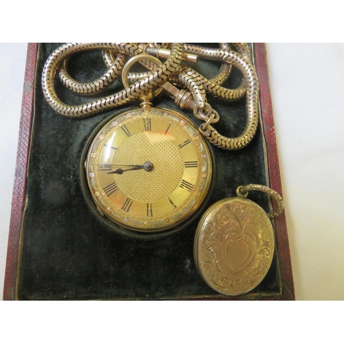 Cased 18ct. Gold Open Face Pocket Watch with 9ct. Gold Snake Chain and key and odd locket