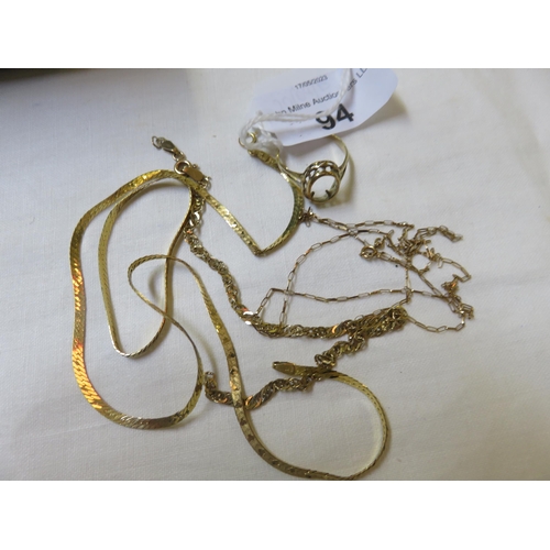 94 - 9ct. Gold Ring and three 9ct. Chains 7.5 grams