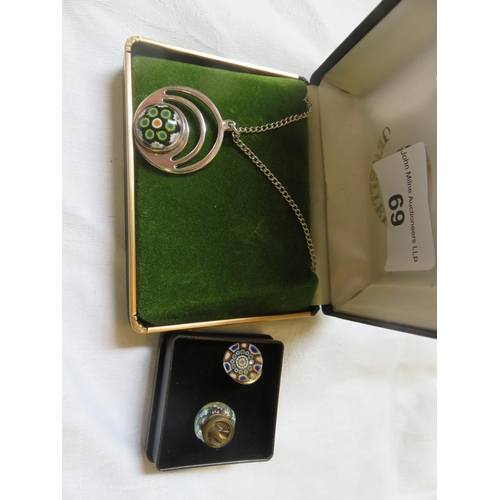 69 - Caithness Glass silver Pendant with Millefiori Centrepiece, Chain and earrings - 1970's