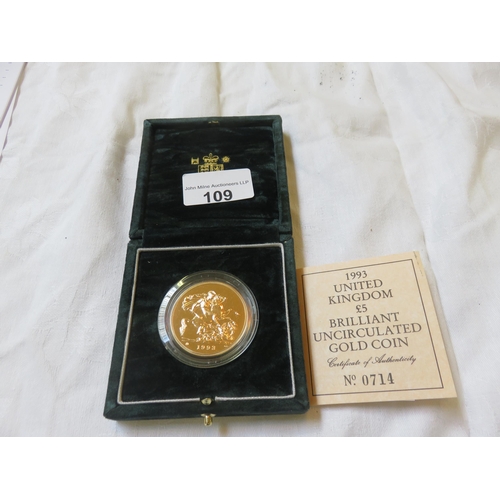 109 - Boxed 1993 UK £5. Gold Coin