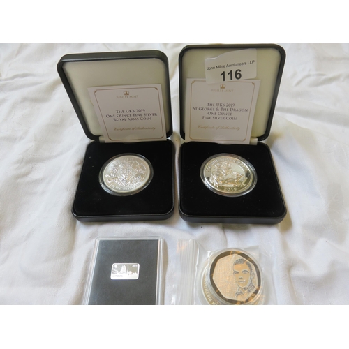 116 - Two Cased Silver Coins 1 troy oz each - Two Loose Silver Coins