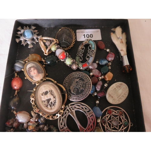 100 - Tray of Agate Brooches and Jewellery - Some antique items