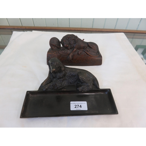 274 - Swiss Wooden Lion Desk Weight and Bronze Desk Weight