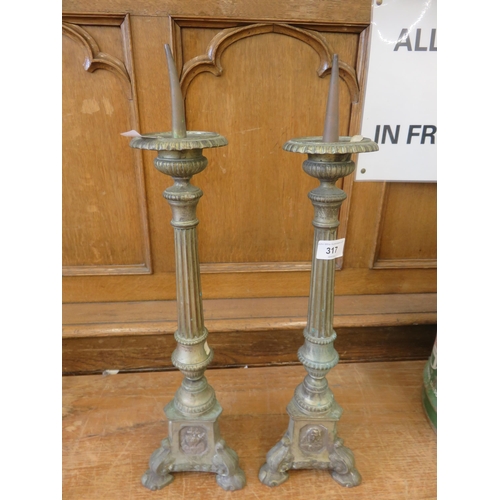 317 - Pair of Ecclesiastical Style Metal Candlesticks