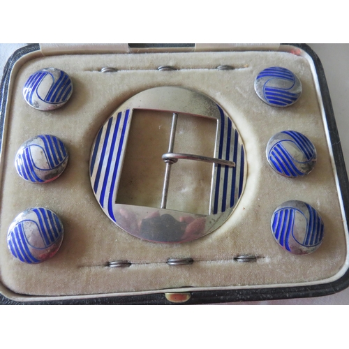 61 - Boxed Silver and Blue Enamel Buckle & Buttons Set