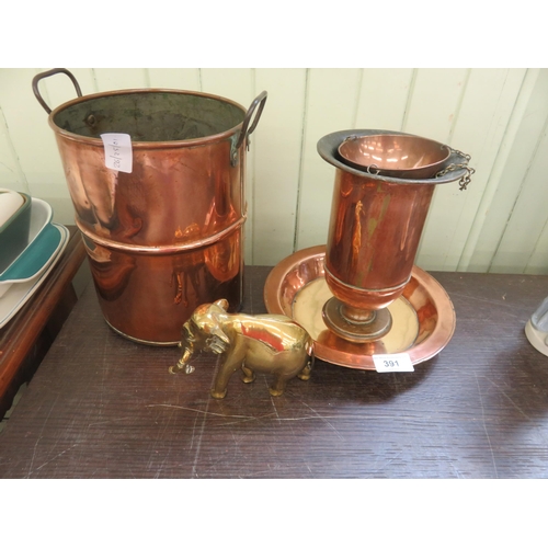 391 - Small lot of  Copper Bowls, Vase and Brass Elephant