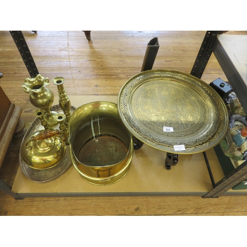 424 - Small Lot of Brassware plus Kettle, Coal Bucket, Candlesticks, Vase and circular Tray on Wooden Stan... 