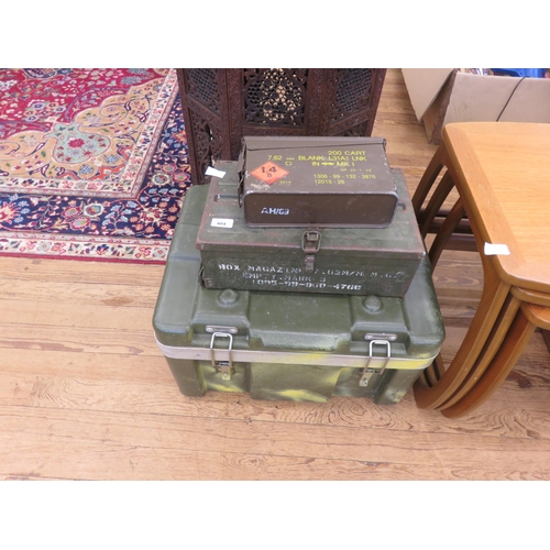 404 - Three Ammunition boxes and military clothing