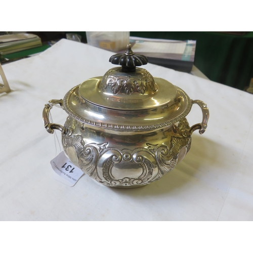 131 - Birmingham Hallmarked Silver 2 handled tea caddy, 9 troy ozs.