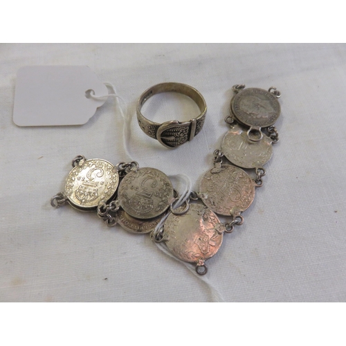 158 - Silver Threepenny Bracelet and Silver Ring