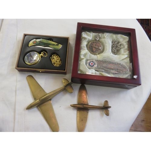 160 - Two R.A.F. Pocket Watch and Pen Knife Sets and Two Plane Paperweights