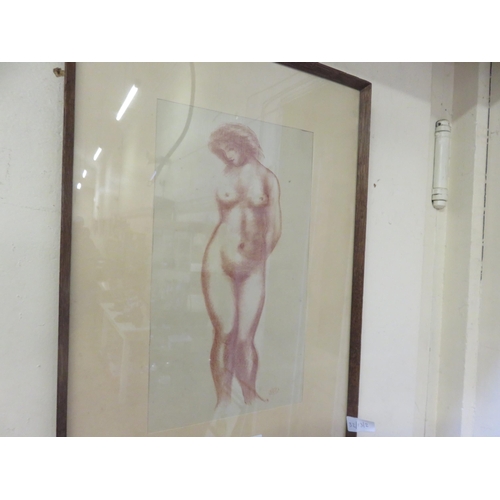 25 - Framed Pastel Drawing of a Nude, Monogramed Maillot