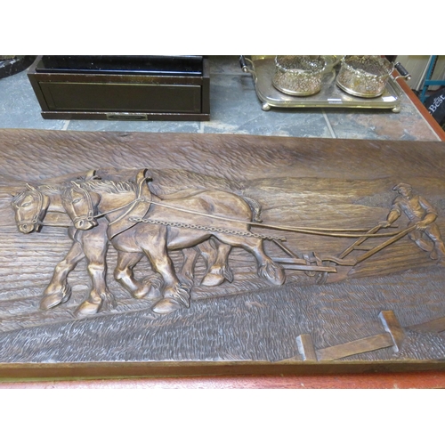 Large Carved Oak Panel Depicting A Ploughing Scene 21" x 49"