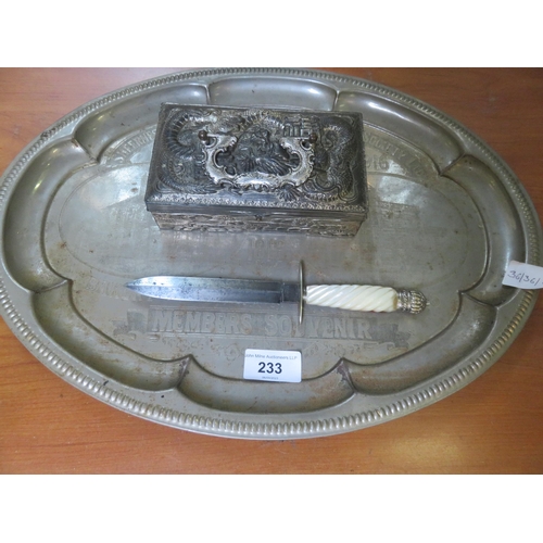 233 - Advertising Tray, Mother of Pearl Letter Opener and White Metal Oriental Trinket Box