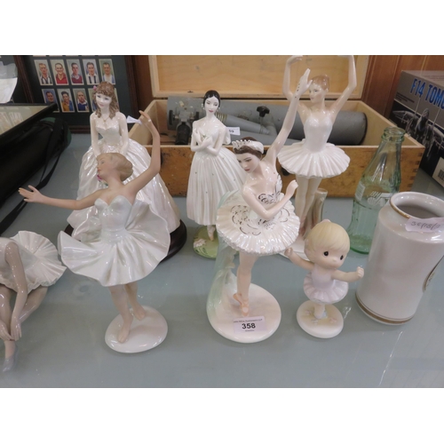 358 - Seven Coalport, Nao, Worcester and Other figures plus 1994 Coke Bottle and Chocking Vase