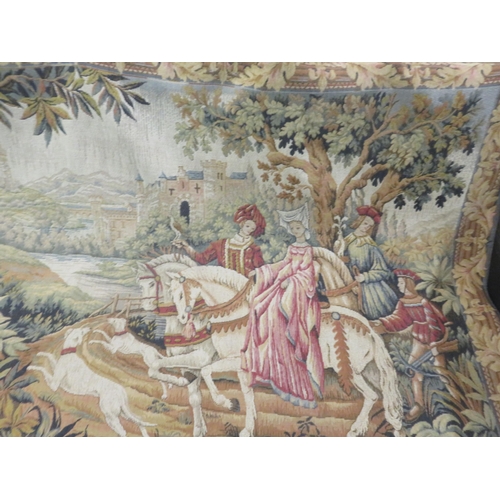 455 - Franklin Mint tapestry on rail with mounts, medieval figures on horseback.