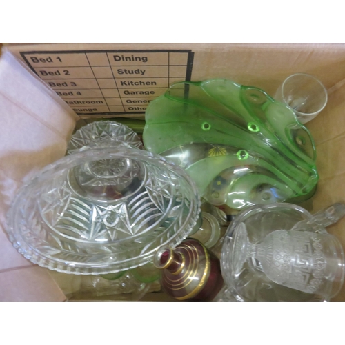 182 - Five boxes of bric-a-brac - glassware, lamps, metalware and ceramics