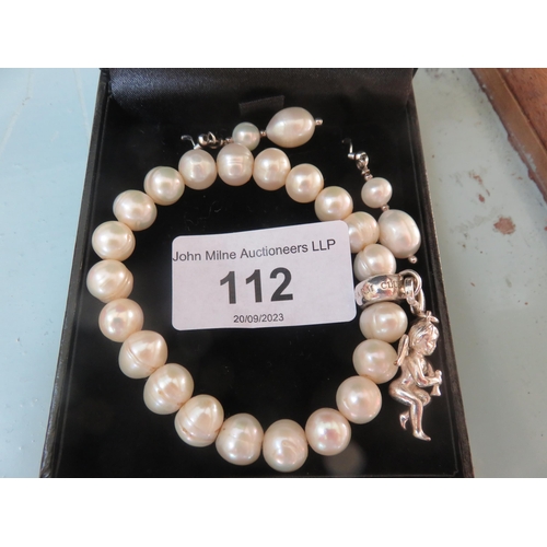 112 - Boxed Pearl Bracelet with Angel Pendant and Matching Earrings