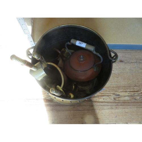 387 - Brass coal Bucket, Fire Appointments and teapot