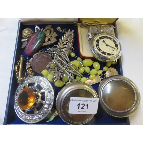 121 - Quantity of Jewellery, Amber style Brooch, some Silver, Cap Badges etc.