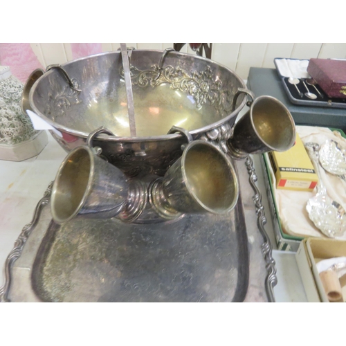 168 - Plated Punch Bowl with ladle,, cups and tray