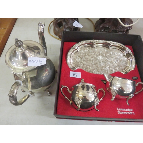 174 - Box of three piece Plated Set and Teapot