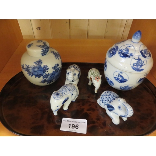 196 - Two Blue and White Ginger Jars and four Elephant Figures