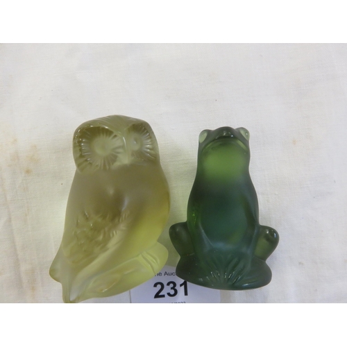 231 - Two coloured Glass Lalique Owl and Frog figures