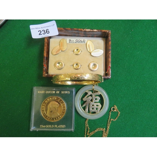 236 - Two sets of Gold Plated Cufflinks, Bracelet, Oriental Pendant and Coin