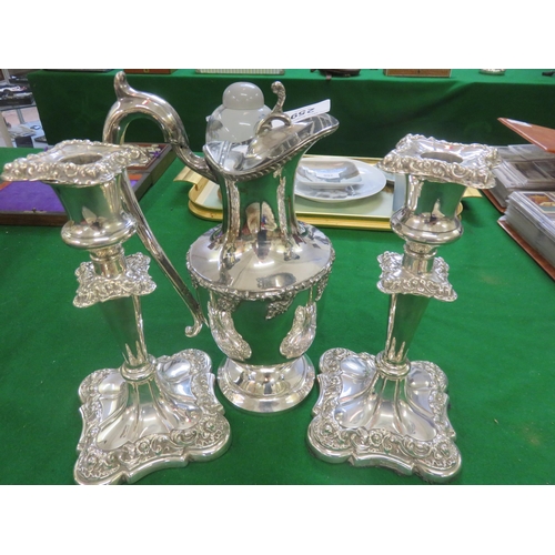 259 - Plated Candlesticks and Claret Jug