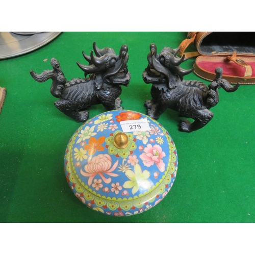 279 - Pair of Carved Oriental Dogs, Cloisonne Dish and Cover