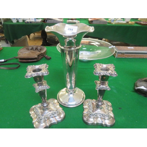 285 - Large Flower Tube and a pair of Plated Candlesticks