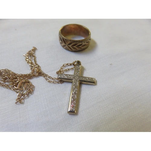 61 - 9ct. Gold Ring and Yellow Metal Crucifix on 9ct. Chain