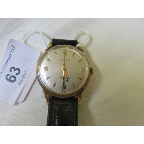 Rolex Precision Wrist Watch, 9ct. Case, Serial No. 49562, case no. 21682, circa 1961/62, working order, Explorer style dial, Cal. 1215 movement